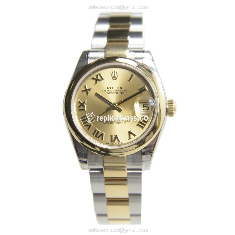 Rolex Lady Datejust Replica - Automatic, Gold Dial, Clasp, Silver Strap - View 2