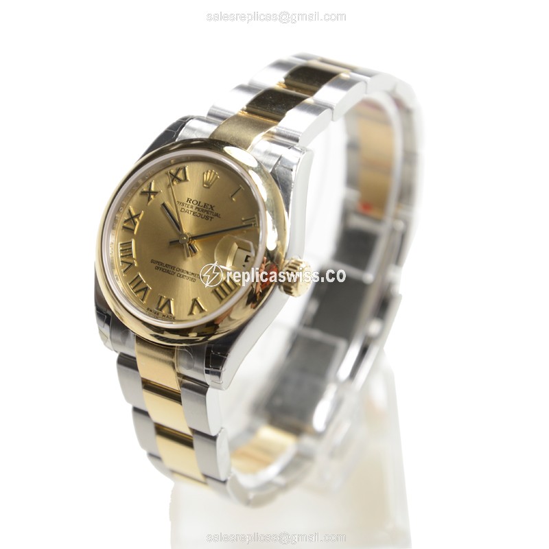 Rolex Lady Datejust Replica - Automatic, Gold Dial, Clasp, Silver Strap - View 3