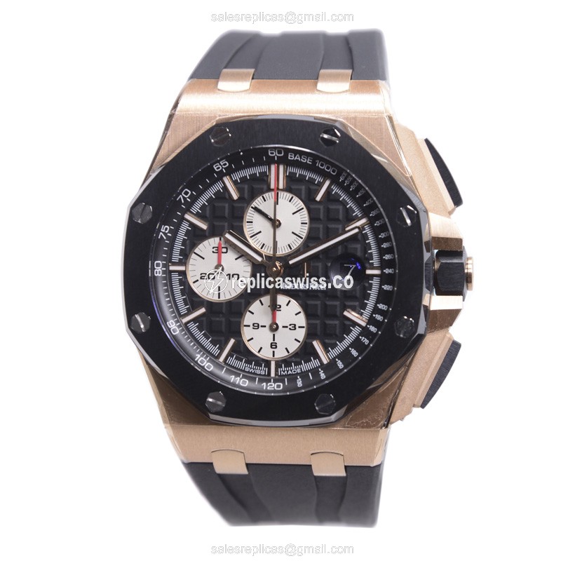 Automatic - 18kt Rose Gold - Audemars Piguet ROYAL OAK Replica - Black Dial - Rubber Strap - Buckle Clasp - View 2