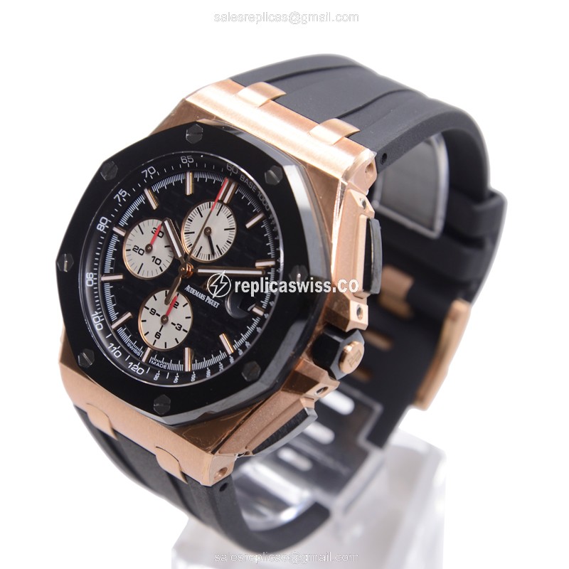 Automatic - 18kt Rose Gold - Audemars Piguet ROYAL OAK Replica - Black Dial - Rubber Strap - Buckle Clasp - View 3