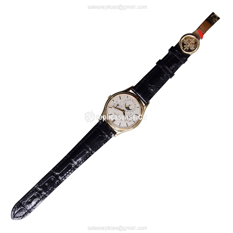 Patek Philippe 5140J-001 Replica | Automatic | 18kt Gold Case | White Dial, Black Leather Strap - View 2