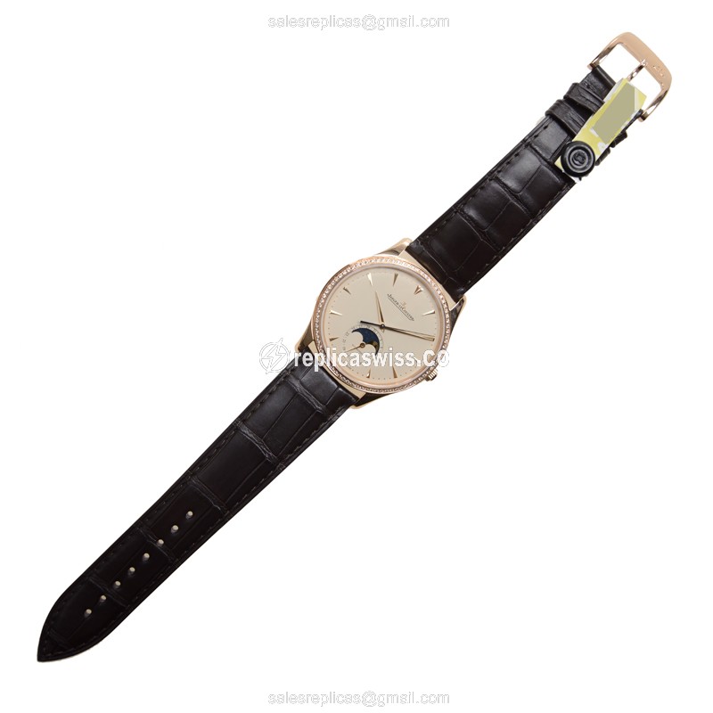 Jaeger-Lecoultre Q1362501 Replica - Ultra Thin - Automatic - 18kt Rose Gold Case - Beige Dial & Diamond Accents - Brown Alligator Strap - View 2