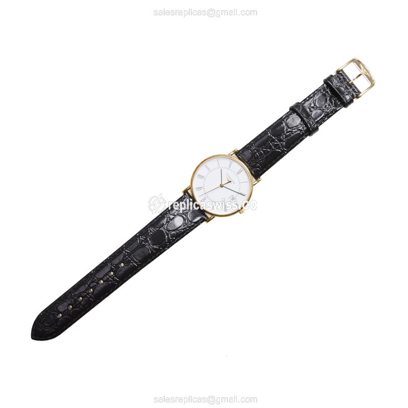 Longines LA GRANDE Replica - Quartz - 18kt Yellow Gold - White Dial, Leather Strap, Buckle Clasp - View 2