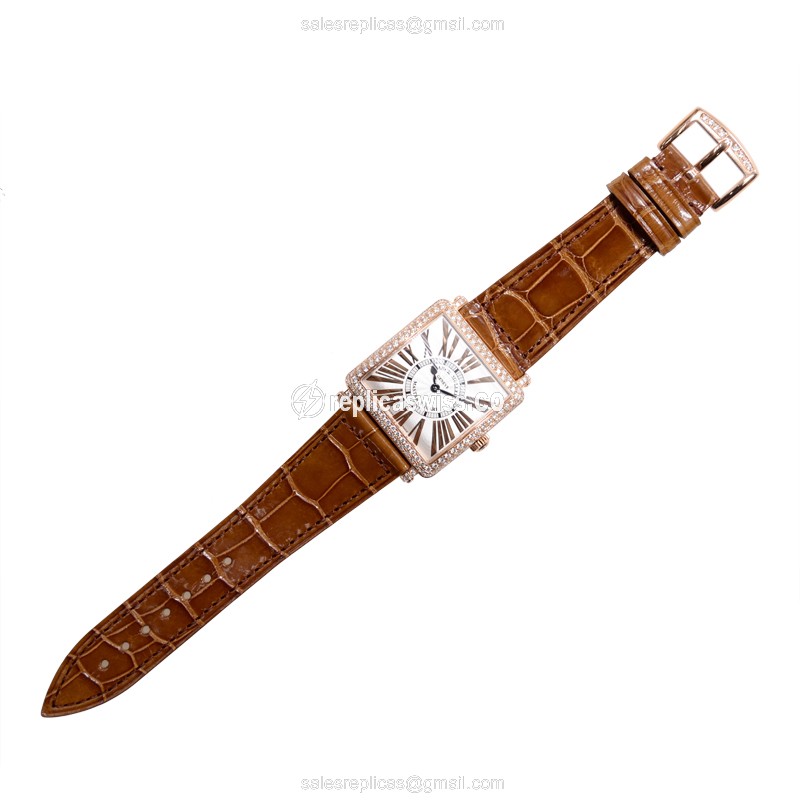 Franck Muller 6002 L QZ REL R D Master Square Quartz 18kt Rose Gold Diamonds Silver Dial Brown Leather Buckle - View 2