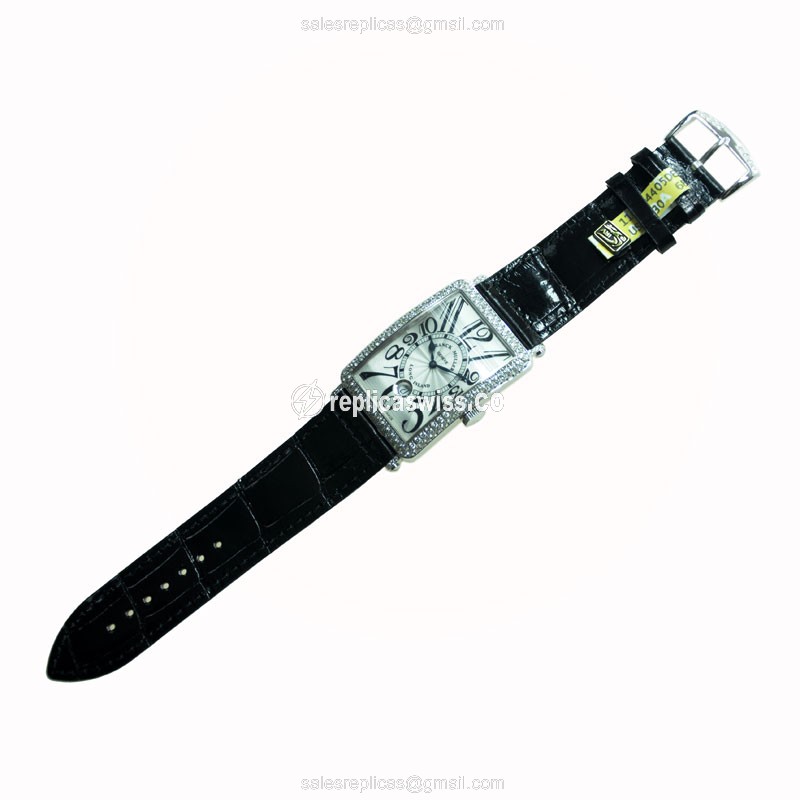 Franck Muller 1200 SC DT D LONG ISLAND Auto 18kt White Gold Diamond Buckle Black Alligator Strap - View 2