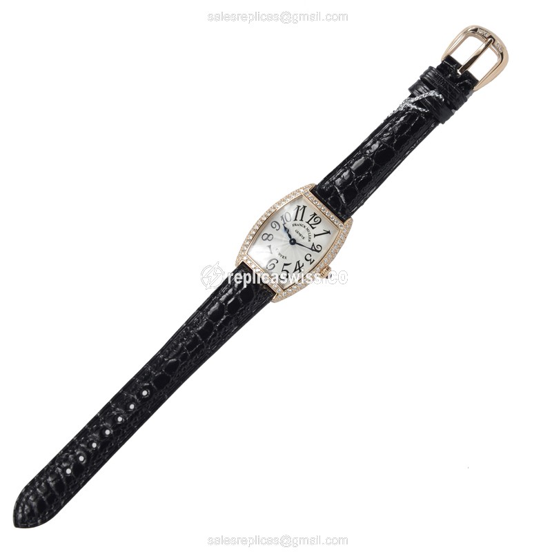 Franck Muller 1752 QZ D Replica - Quartz - 18kt Rose Gold - Diamonds - Silver Dial - Buckle Clasp - Black Alligator Strap - View 2