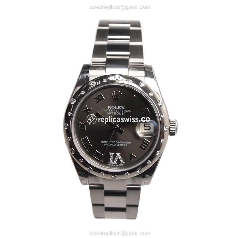 Rolex Lady Datejust Replica - Automatic - 18kt White Gold & Steel - Dark Grey Dial - Silver Steel Strap - View 2
