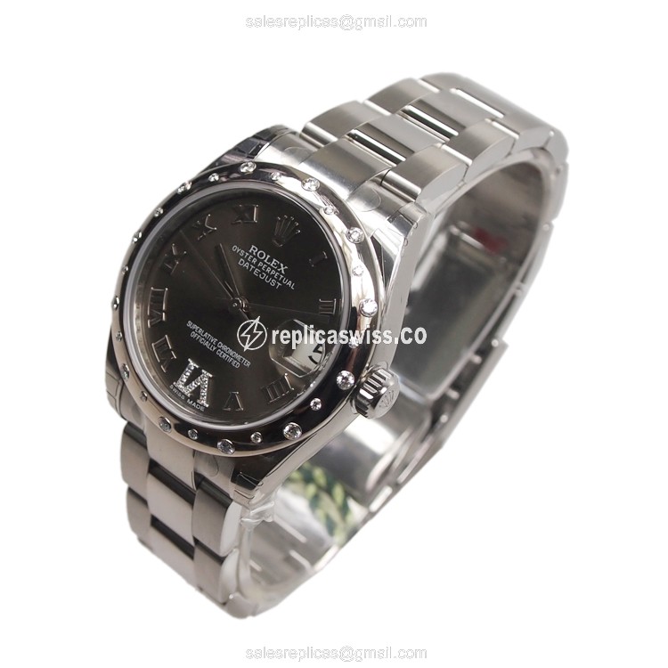 Rolex Lady Datejust Replica - Automatic - 18kt White Gold & Steel - Dark Grey Dial - Silver Steel Strap - View 3