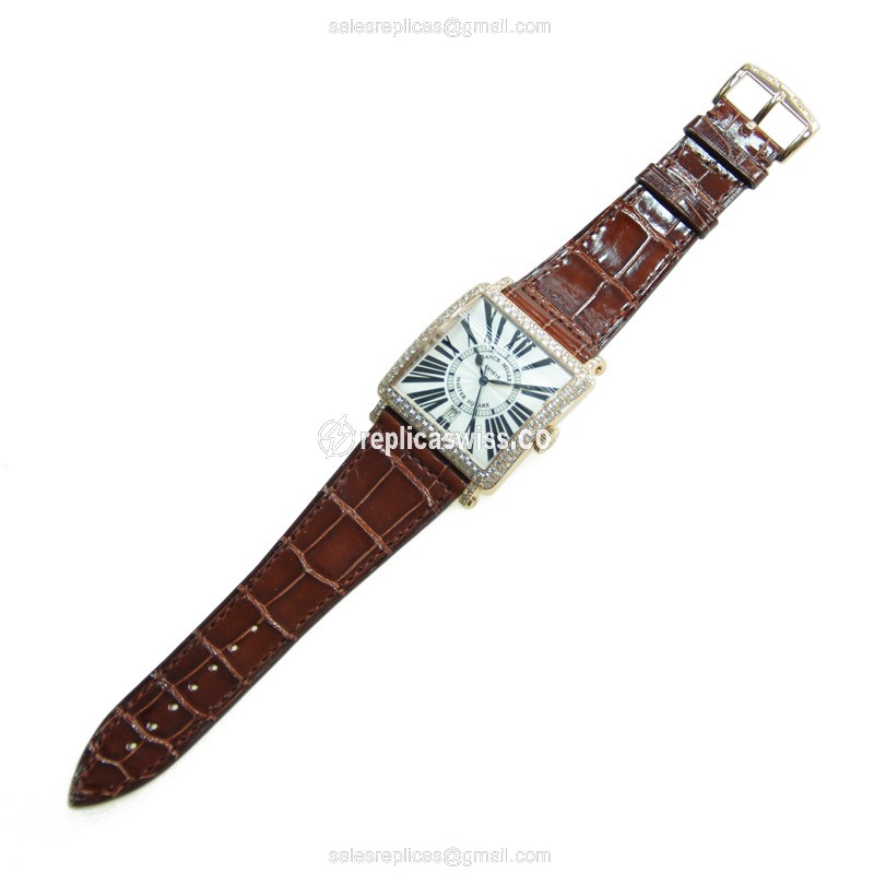 Franck Muller Master Square Replica - Automatic - Rose Gold Case - White Dial - Alligator Brown Strap - View 2