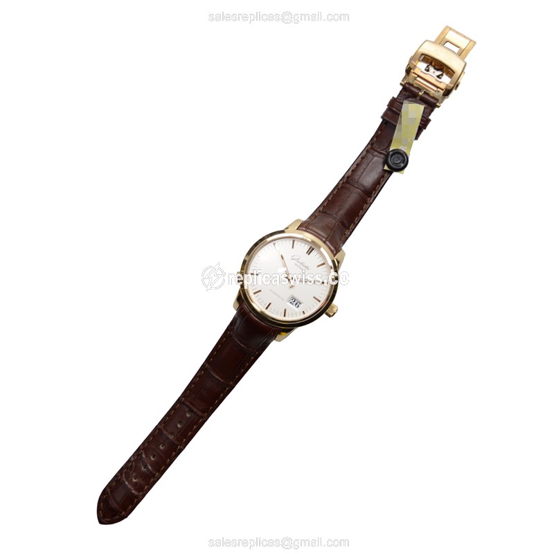 Glashutte Senator Panorama Date Replica - Automatic - 18kt Rose Gold - White Dial - Brown Alligator Strap - View 2