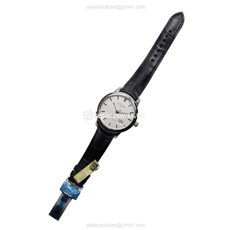 Glashutte Senator Panorama Date Replica - Automatic - Steel Case - Silver Dial - Black Alligator Strap - View 2