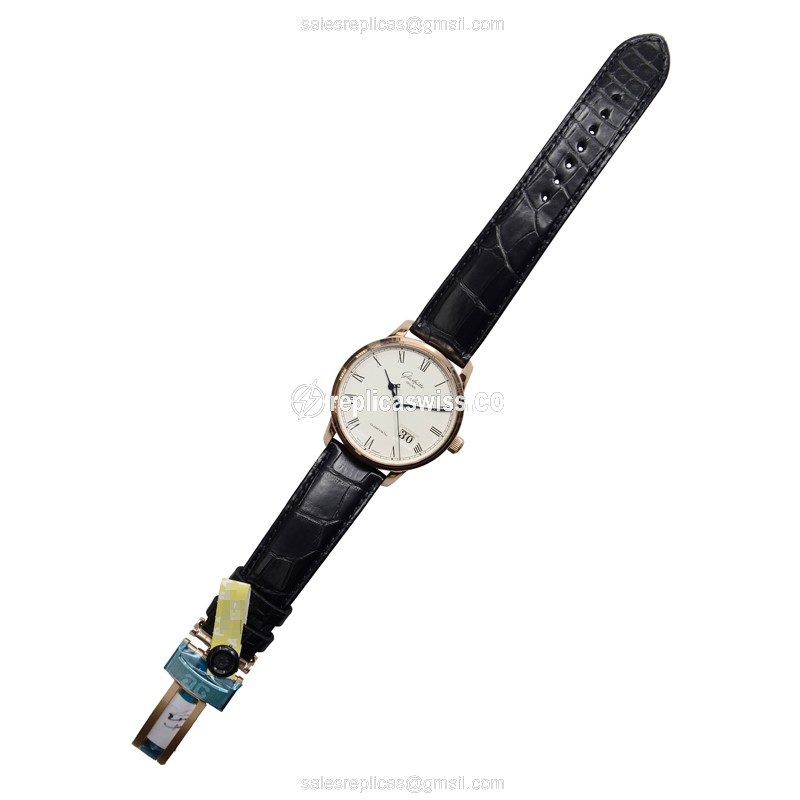 Glashutte Senator Panorama Date Replica - Automatic - 18kt Rose Gold - Silver Dial - Black Alligator Strap - View 2