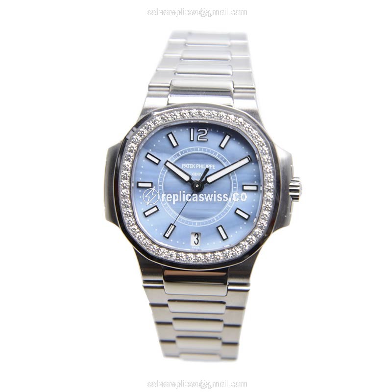 Patek Philippe 7008/1A-001 Replica - Automatic - Diamond Case - Blue Dial - Steel Strap - View 3