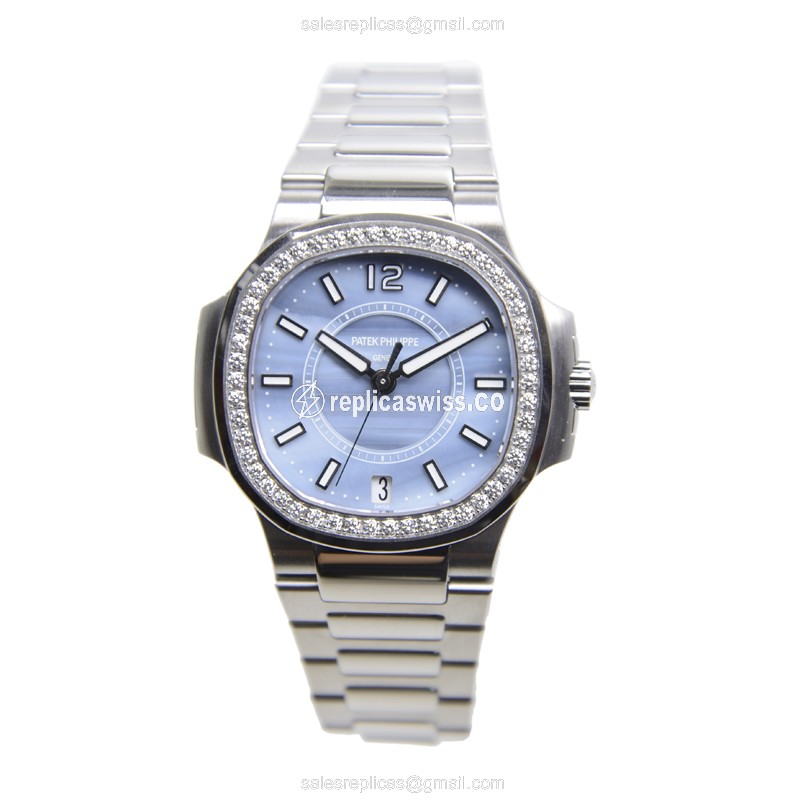 Patek Philippe 7008/1A-001 Replica - Automatic - Diamond Case - Blue Dial - Steel Strap - View 2