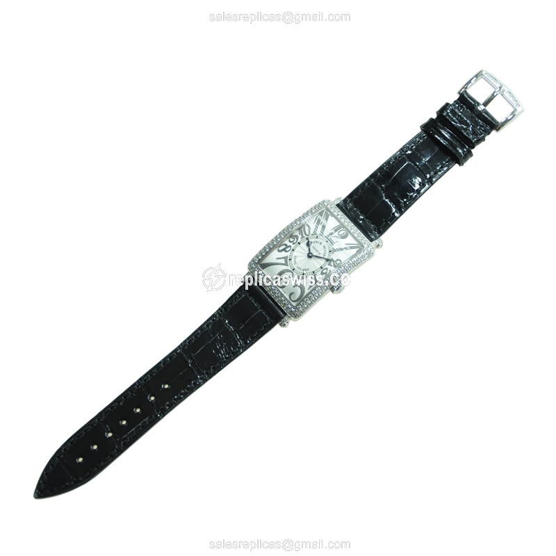 Franck Muller 952 QZ REL D Replica - Quartz - 18kt White Gold - Diamond - Silver Dial - Alligator Black Strap Buckle - View 2