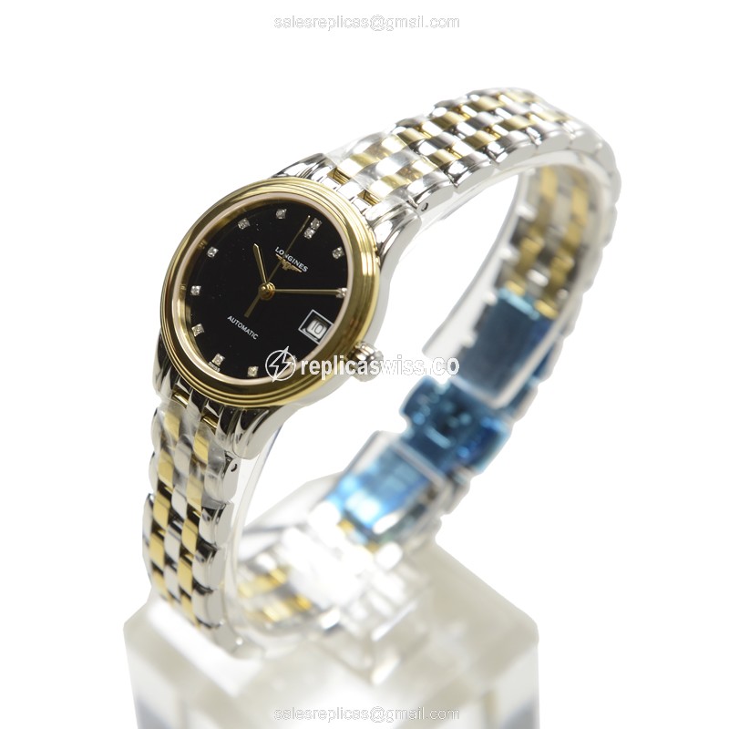 Longines Flagship Replica - PVD Gold - Automatic - Black Dial, Silver Strap - View 3