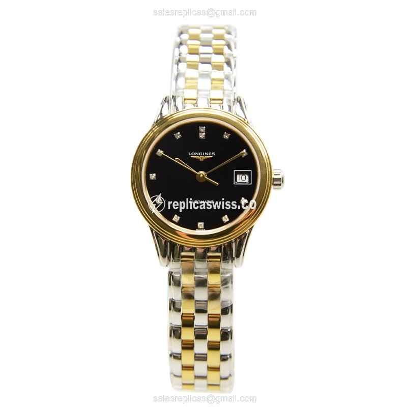 Longines Flagship Replica - PVD Gold - Automatic - Black Dial, Silver Strap - View 2