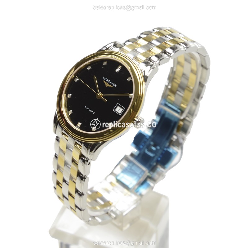 Longines L4.774.3.57.7 Replica - Automatic - 18kt Gold Case - Black Dial - Silver Clasp - View 3