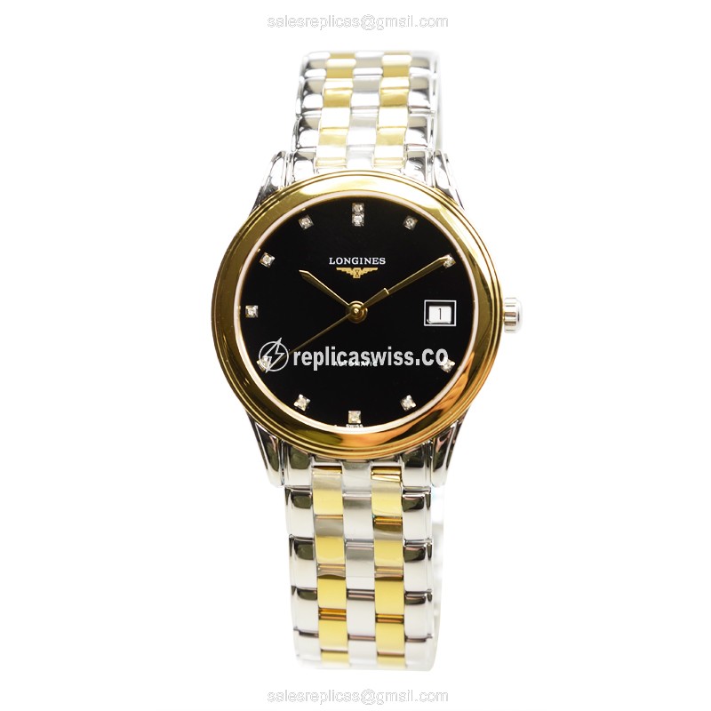 Longines L4.774.3.57.7 Replica - Automatic - 18kt Gold Case - Black Dial - Silver Clasp - View 2