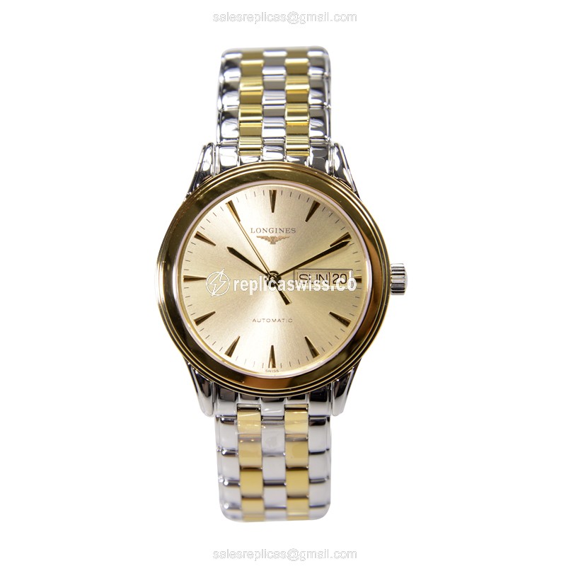 Longines L4.799.3.32.7 Replica - Automatic - Gold PVD Case - Gold Dial - Silver Strap - View 2