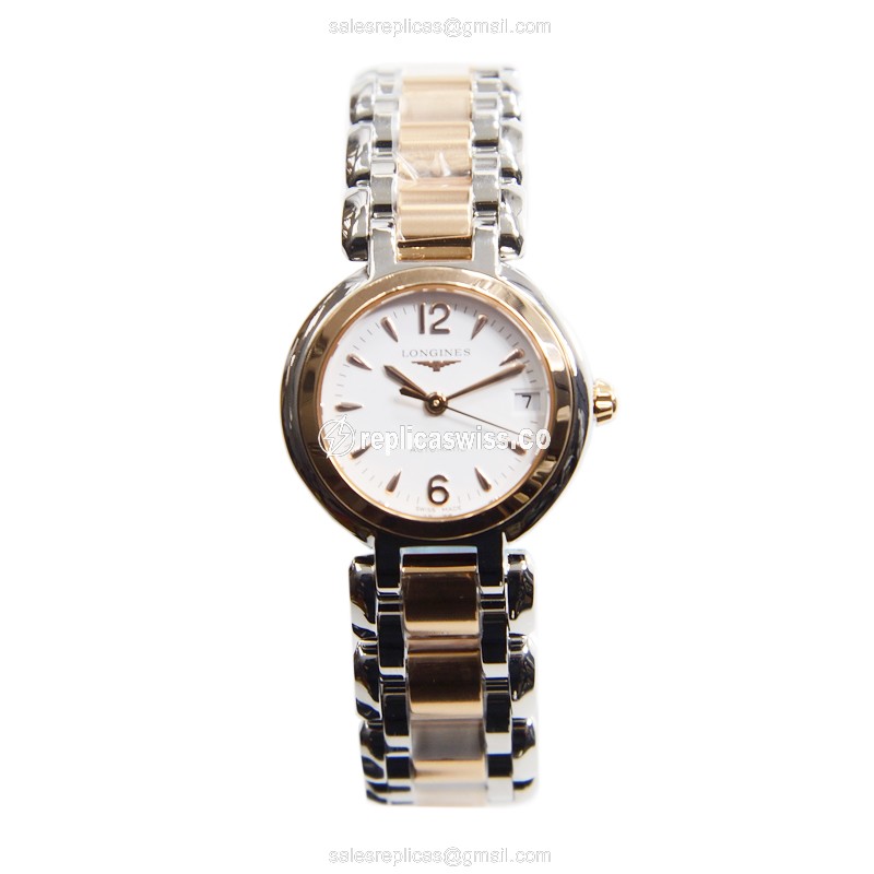 Longines Prima Luna Replica - Automatic - 18kt Rose Gold & Steel Case - White Dial, Silver Clasp - View 2