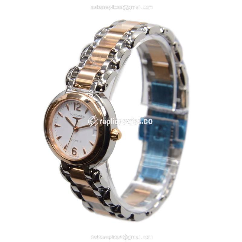 Longines Prima Luna Replica - Automatic - 18kt Rose Gold & Steel Case - White Dial, Silver Clasp - View 3