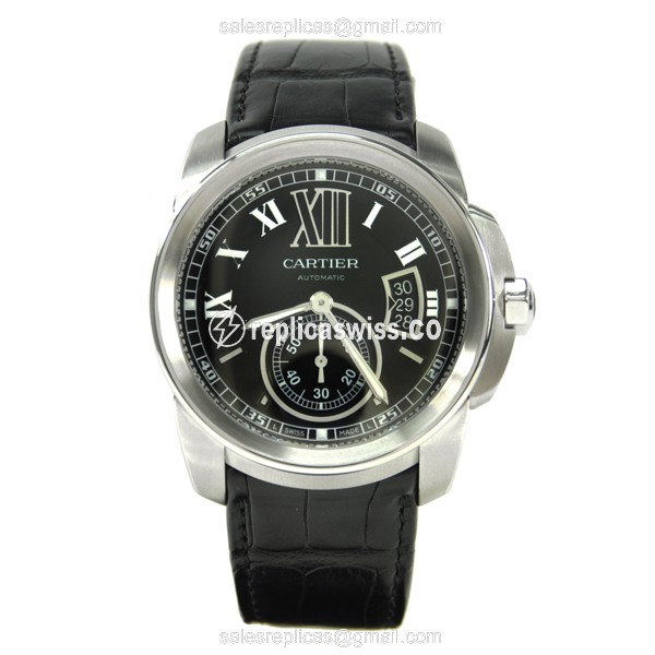 Cartier W7100014 Replica - Automatic - Black Dial - Alligator Strap - View 2