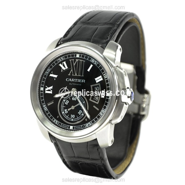 Cartier W7100014 Replica - Automatic - Black Dial - Alligator Strap - View 3