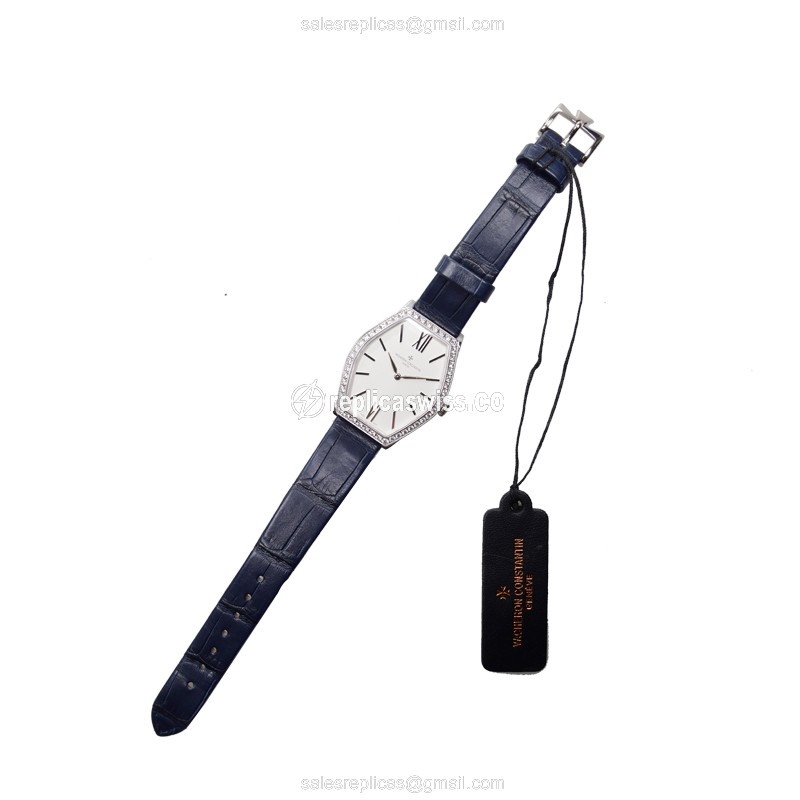 Vacheron Constantin Replica - 25530/000G-9741 - Quartz - 18kt White Gold - Diamond - White Dial - Blue Alligator Buckle - View 2