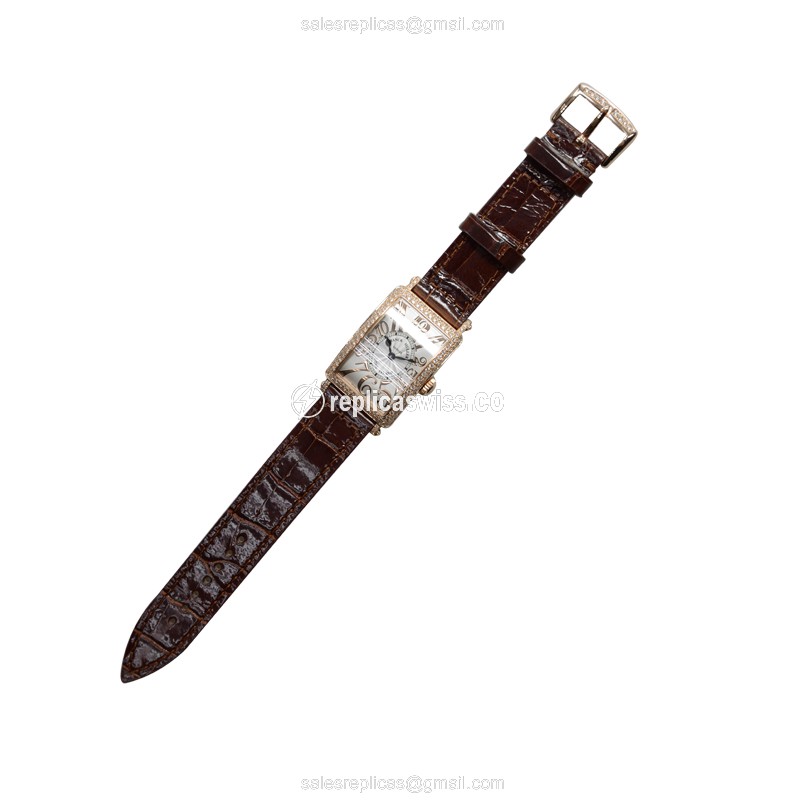 Franck Muller 902 QZ D REL LONG ISLAND Quartz 18kt Rose Gold Diamonds - Silver Dial Buckle Brown Alligator Strap - View 2