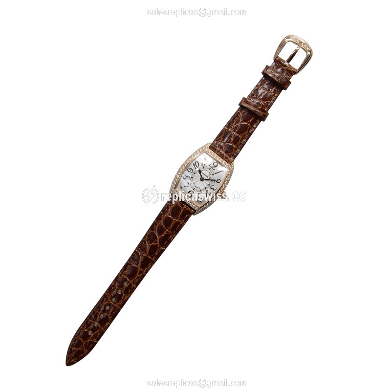 Franck Muller 1752 QZ D REL 5N CINTREE CURVEX - Quartz, Rose Gold, Diamonds, Silver Dial, Buckle Clasp, Brown Alligator Strap - View 2