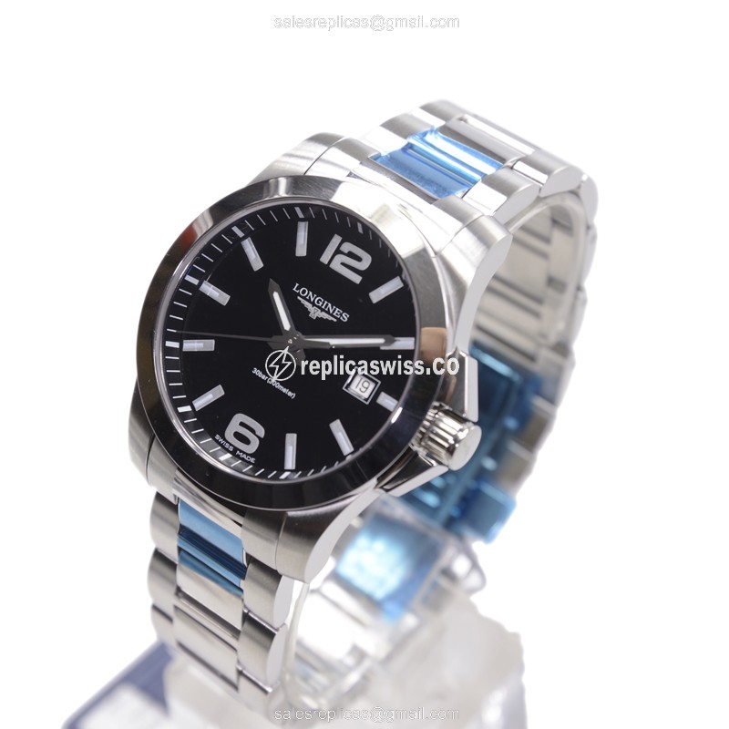 Longines CONQUEST Quartz - Black Dial, Steel Case, Silver Clasp - View 3