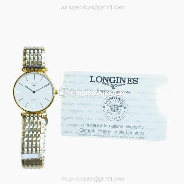 Longines LA GRANDE Replica - Automatic - 18kt Gold Case - White Dial, Silver Clasp & PVD Gold Strap - View 4