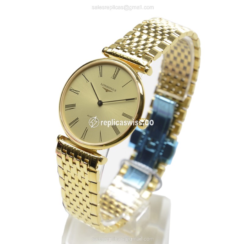 Longines LA GRANDE Replica - Automatic - 18kt Gold - Gold Dial on Gold Strap - View 3