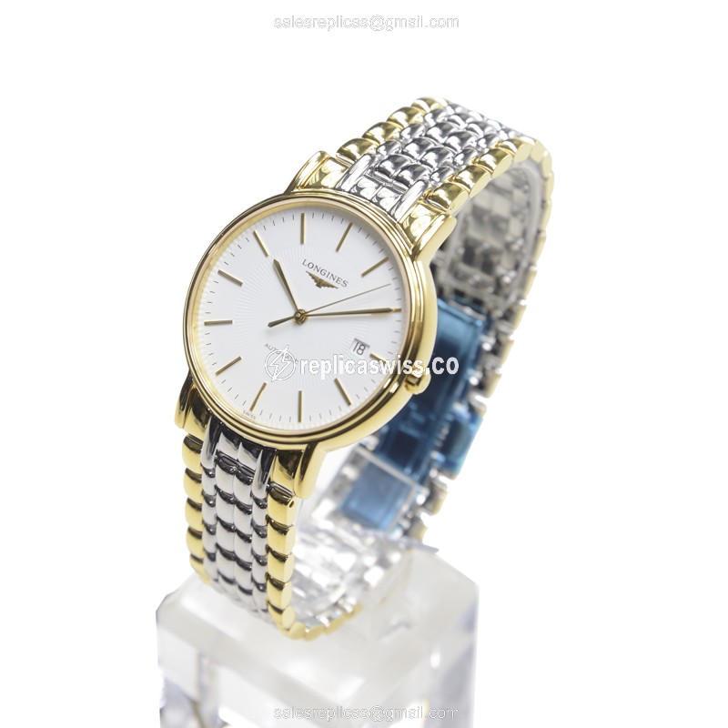 Longines Presence Replica - Automatic PVD Gold - White Dial on Silver Steel Strap - View 3