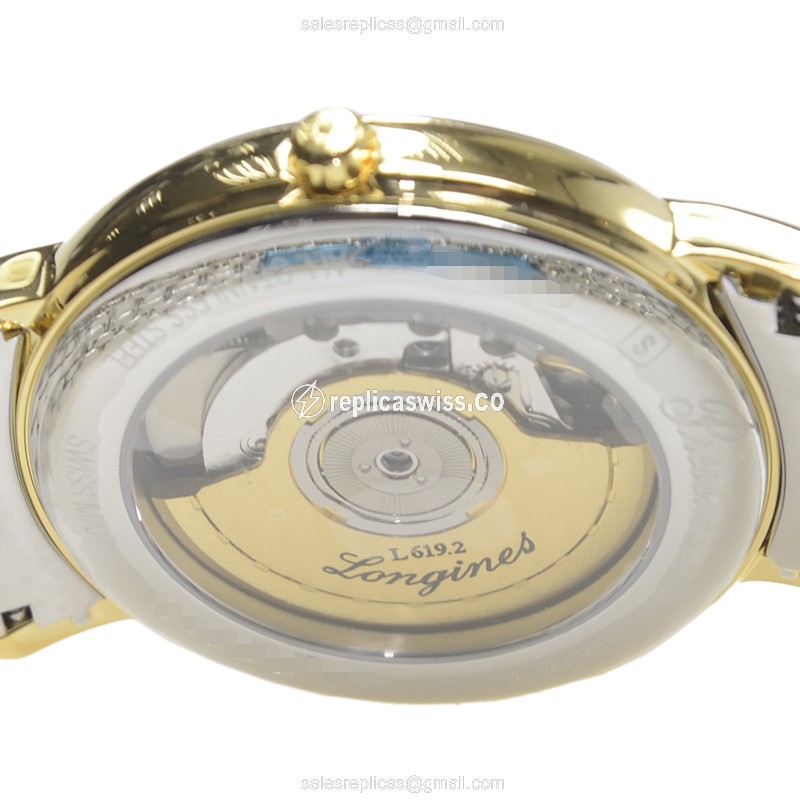 Longines Presence Replica - Automatic PVD Gold - White Dial on Silver Steel Strap - View 4