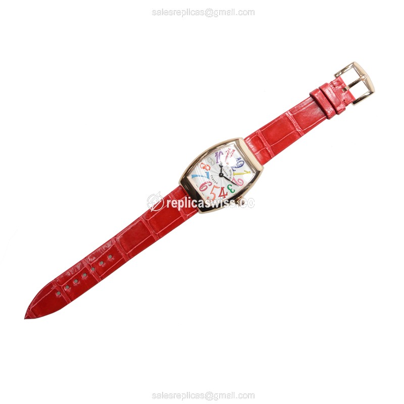 Franck Muller 7562 QZ COL DRM A Replica - Quartz - 18kt Gold Case - Silver Dial on Red Alligator Strap - View 2