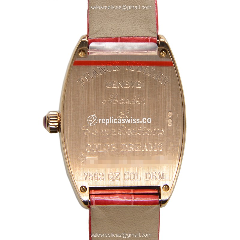 Franck Muller 7562 QZ COL DRM A Replica - Quartz - 18kt Gold Case - Silver Dial on Red Alligator Strap - View 3