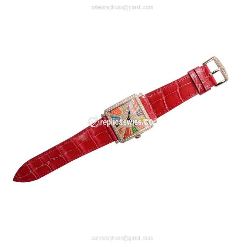 Franck Muller Master Square Replica - Quartz - 18kt Rose Gold - Diamond - Gold Dial - Alligator Red Strap - View 2
