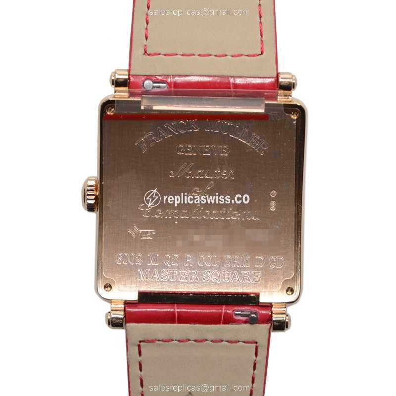 Franck Muller Master Square Replica - Quartz - 18kt Rose Gold - Diamond - Gold Dial - Alligator Red Strap - View 3