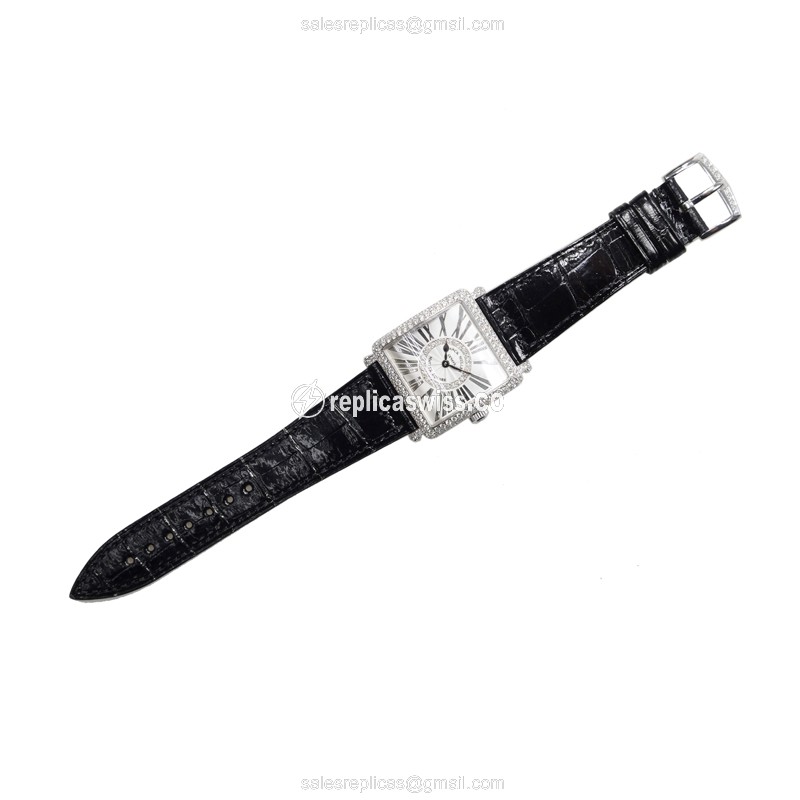 Franck Muller 6002 L QZ REL R D CD 1R Replica - Quartz - 18kt White Gold - Diamond - Silver Dial - Alligator Black Buckle - View 2