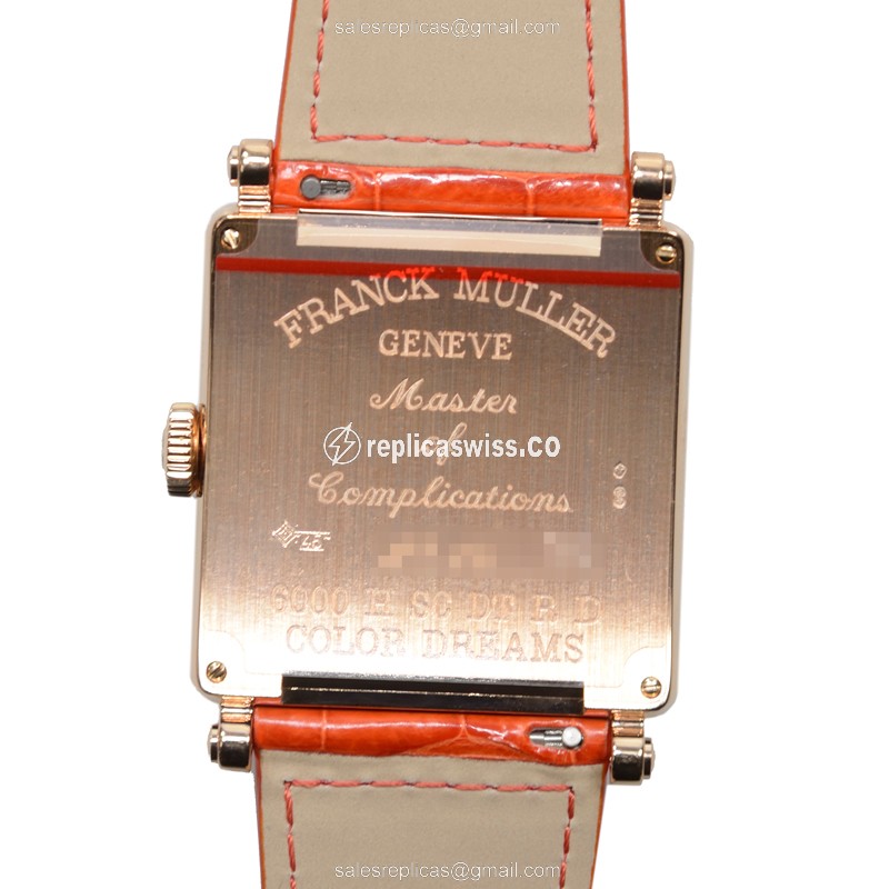 Franck Muller 6000 H SC DT COL DRM R D 5N Master Square - Auto - 18kt Rose Gold - Diamond Dial - Silver Case - Orange Alligator Strap - View 3