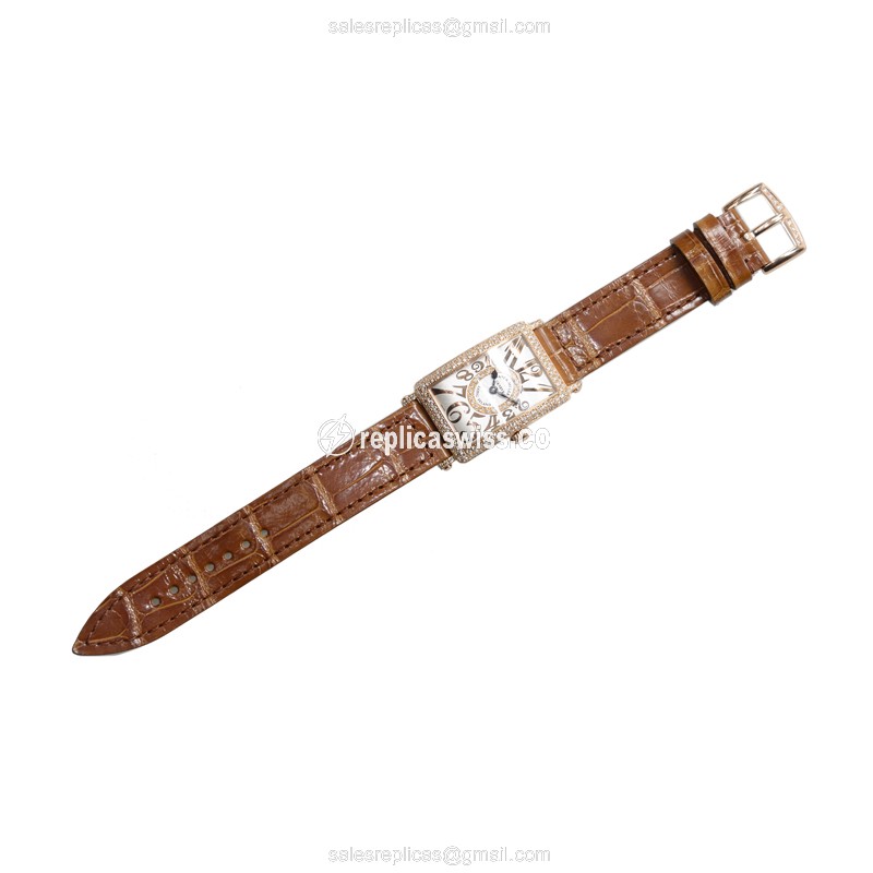 Franck Muller 902 QZ REL D CD 1R Replica - Quartz - 18kt Rose Gold Case - Silver Dial, Brown Alligator Strap - View 2