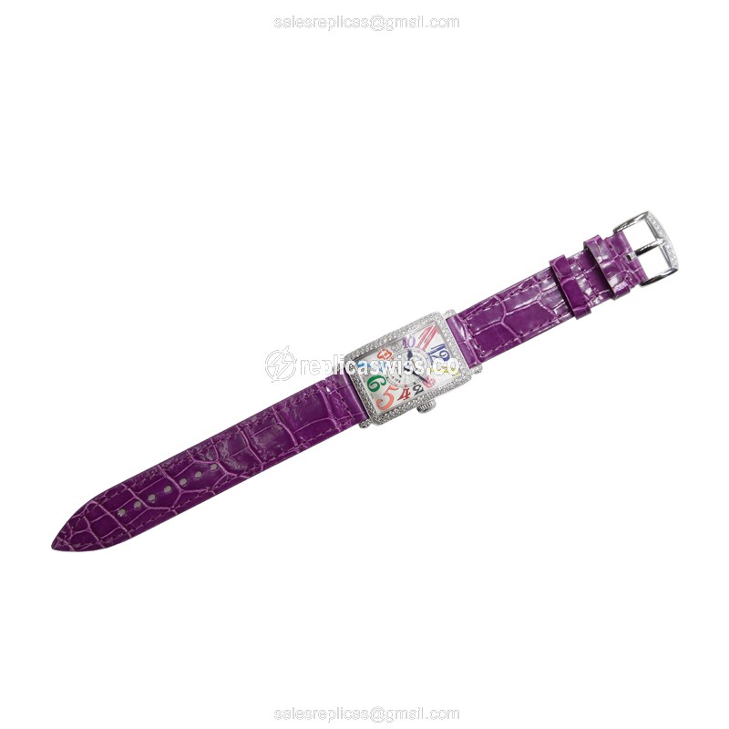 Franck Muller 902 QZ COL DRM D LONG ISLAND Quartz 18kt White Gold Diamond Silver Dial Buckle Purple Alligator Strap - View 2