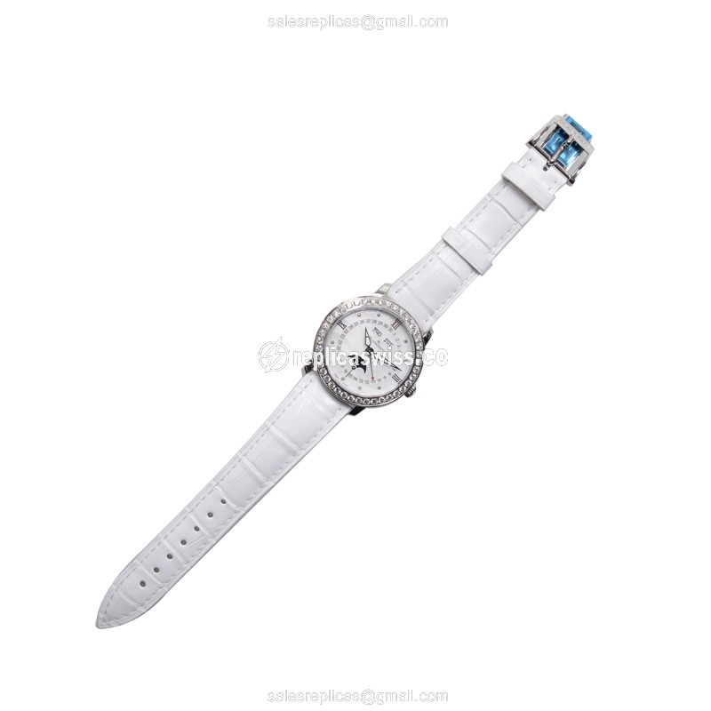 Blancpain 3663A-4654-55B Replica - Automatic - White Dial - Diamond Case - Alligator White Strap - View 2