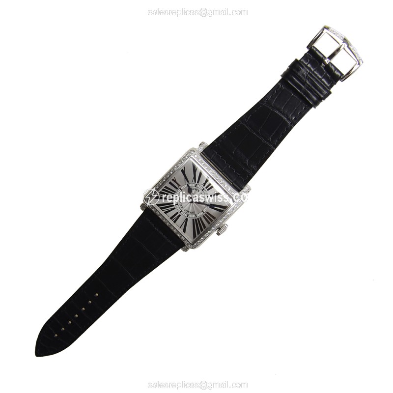 Franck Muller 6002 Quartz Replica - Diamond Case - Silver Dial - Leather Strap - View 2