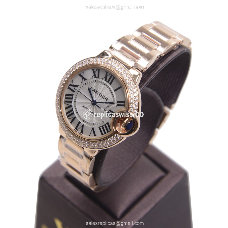 Cartier Ballon Bleu Replica - Automatic 18kt Rose Gold & Diamonds - White Dial - Gold Strap - View 3