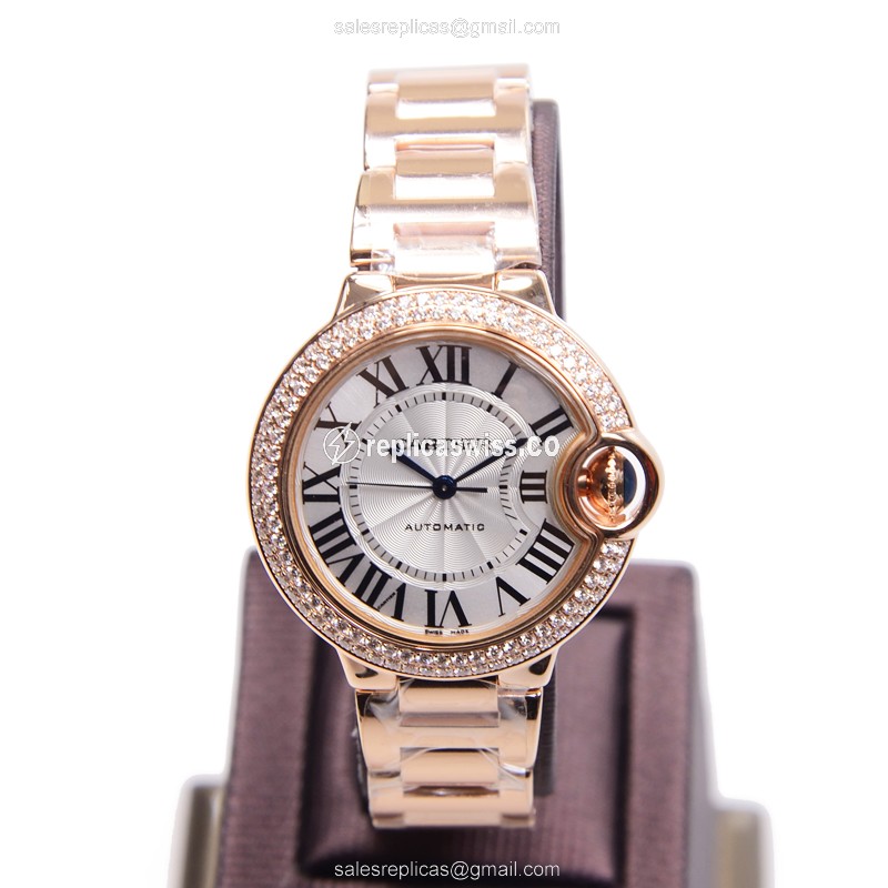 Cartier Ballon Bleu Replica - Automatic 18kt Rose Gold & Diamonds - White Dial - Gold Strap - View 2