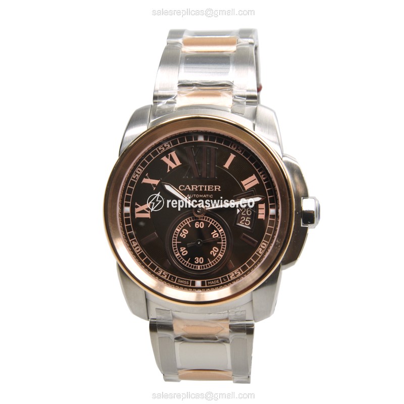 Cartier W7100050 Replica - Automatic 18kt Rose & Steel - Brown Dial - Silver Strap - View 2