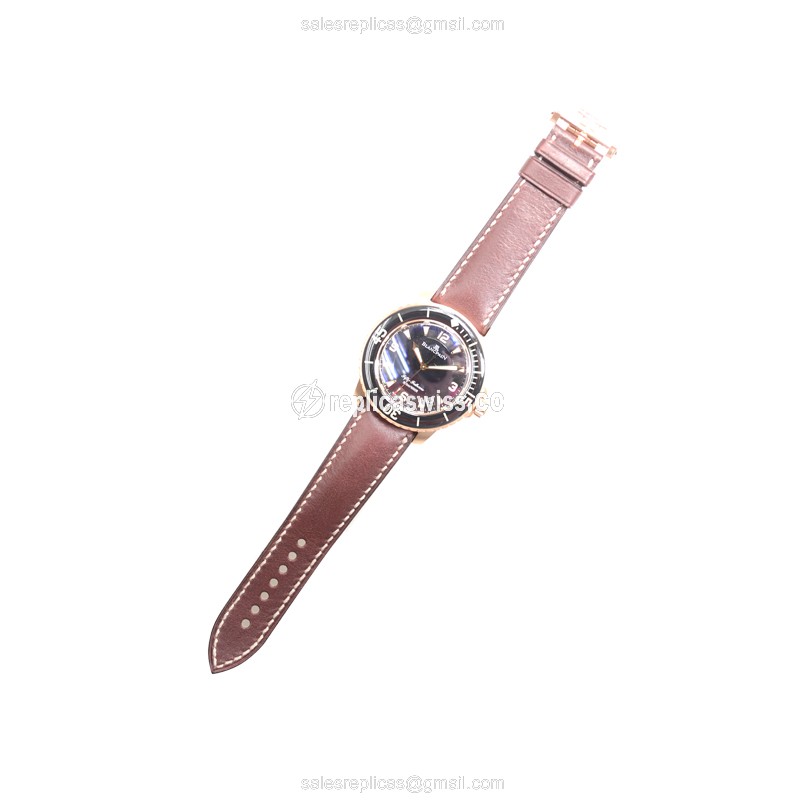 Blancpain 5015A-3630-63B Replica - Automatic - 18kt Rose Gold - Black Dial - Leather Strap - View 2
